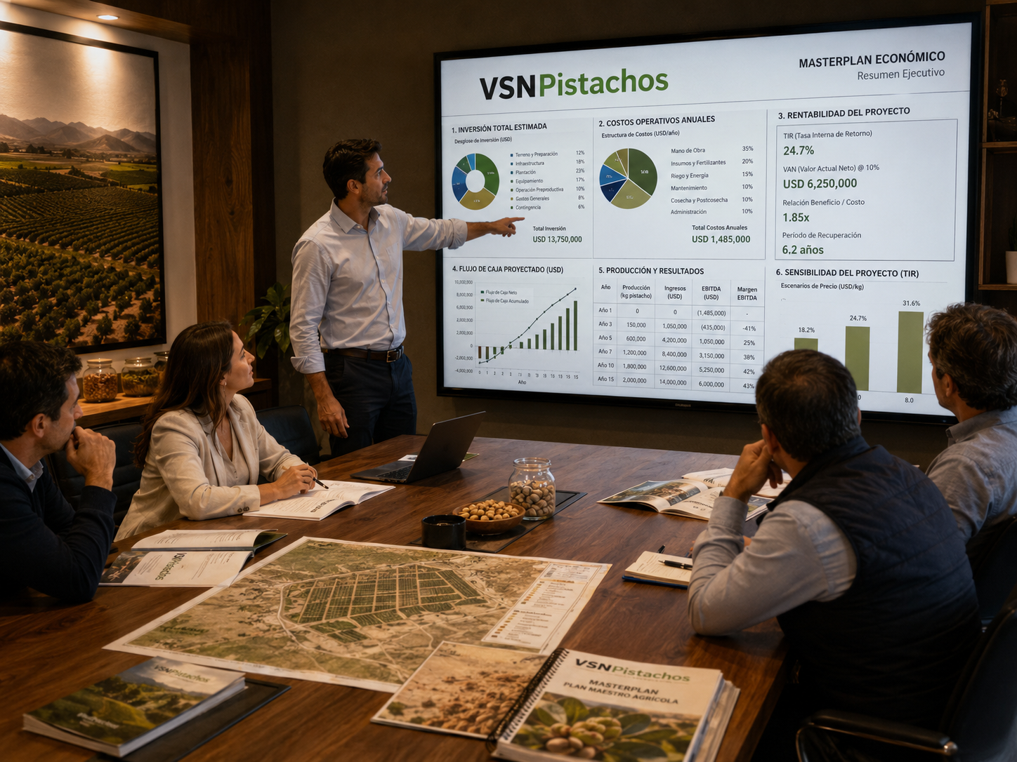 Laptop con planificación de finca pistachera sobre mesa con pistachos y documentos técnicos, con plantación y montañas de Mendoza al fondo